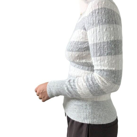 Womens Angora Wool Blend Gray White Striped Fuzzy Soft Preppy Sweater Sz M - Picture 7 of 8